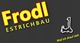 Gelbes Logo "Frodl Estrichbau" auf grauem Hintergrund mit Slogan: "Weil ich drauf steh".