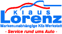 Logo von Klaus Lorenz: Text "Markenunabhängige Kfz-Werkstatt, Service rund ums Auto", stilisiertes Auto.