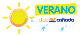 Sol amarillo y texto "Verano Club Cañada" con salpicaduras azules alrededor.