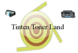 Logo mit Text "Tinten Toner Land", umgeben von Druckerpatronen und spiralförmigem Hintergrund.