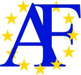 Blaue Buchstaben "AF" umgeben von gelben Sternen auf weißem Hintergrund.