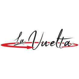 El logo de "La Vuelta" en letras cursivas negras y rojas con una flecha alrededor.