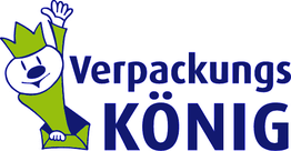 Logo mit gezeichneter Figur in Krone und Text "Verpackungs König" in Blau und Grün.