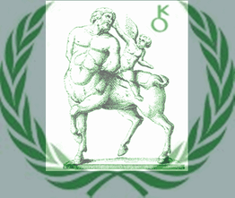 Antike Zeichnung eines Kentauren mit einem Kind. Im Hintergrund ein grüner Lorbeerkranz.