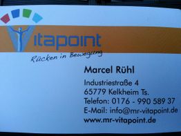 Visitenkarte von Marcel Rühl, vitapoint. Adresse, Telefon und E-Mail angegeben.