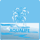 Logo con fontana stilizzata sopra la scritta "Aqualife" su sfondo blu chiaro.