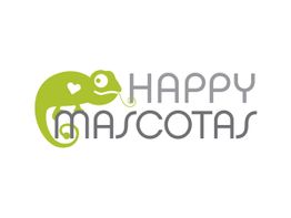 Un camaleón verde y texto "Happy Mascotas" en un logo sobre fondo blanco.