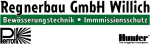 Logo der Regnerbau GmbH Willich, Bewässerungstechnik und Immissionsschutz, mit Partnerlogos.