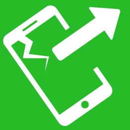 Handy-Symbol mit Riss und nach rechts oben zeigendem Pfeil auf grünem Hintergrund.