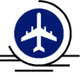 Symbol eines startenden Flugzeugs in einem blauen Kreis vor stilisierten Wellenlinien.