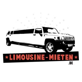 Illustration einer weißen Stretchlimousine mit dem Schriftzug "LIMOUSINE-MIETEN.DE" darunter.