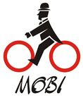 Logo con uomo stilizzato in bici, cerchi rossi e scritta "MOBI" sotto.