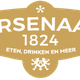 Logo van Arsenaal 1824 met de tekst "Eten, drinken en meer" in een goudkleurige banner.