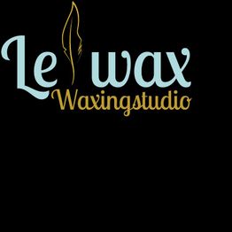 Logo mit Text "Le wax Waxingstudio", hellblau und gold, schwarze Hintergrund.