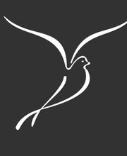 Abstraktes weißes Vogel-Logo auf dunklem Hintergrund, mit geschwungenen Flügeln dargestellt.