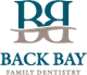 "Back Bay Family Dentistry logo with blue and beige design elements."