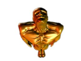 Goldene menschliche Figur mit muskulösem Oberkörper, aus der Vogelperspektive betrachtet.