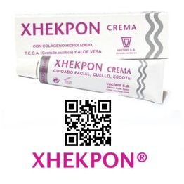 Caja y tubo de crema Xhekpon para cuidado facial, con código QR.