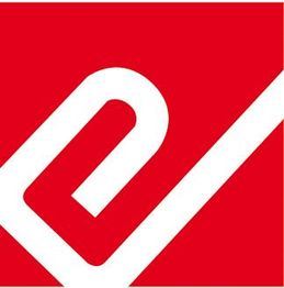 Rotes Logo mit weißem, stilisiertem „e“ auf quadratischem Hintergrund.