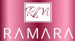Rosa Hintergrund mit "RM" und "RAMARA" in weißer Schrift. Elegantes Logo-Design.
