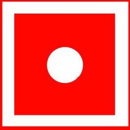 Cuadrado rojo con borde blanco y un círculo blanco en el centro.