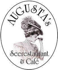 Eine Frau mit Fernglas unter dem Schriftzug "Augusta's Seerestaurant & Café".