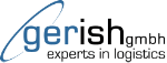 Logo von Gerish GmbH mit Slogan "experts in logistics" und geschwungener blauer Linie.