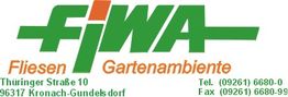 Logo mit grünem Text „Fiwa“, Adresse und Kontaktdaten für ein Fliesen- und Gartenunternehmen.
