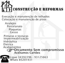 Gráfico de serviços de construção e reformas com contatos para orçamento e pagamento por cartão.