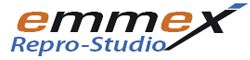 Logo von "emmex Repro-Studio" in Schwarz, Orange und Blau.
