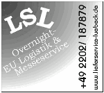 LSL-Logo mit Text: "Overnight EU Logistik & Messeservice." Telefonnummer und Website auf Deutsch.