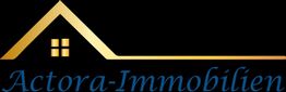 Ein goldenes Hausdach und Fenster mit blauem Text: "Actora-Immobilien".