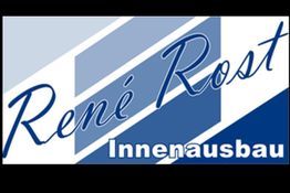 René Rost Innenausbau-Logo in Blautönen mit diagonalen Streifen.