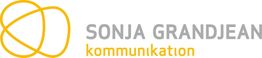 Gelbes Logo mit Text: "Sonja Grandjean Kommunikation" in Grau und Orange.
