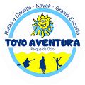 Logotipo de Toyo Aventura con un sol, actividades y texto: "Rutas a Caballo, Kayak, Granja Escuela".