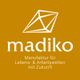 Logo mit geometrischem Symbol, Text: "madiko - Manufaktur für Lebens- & Arbeitswelten mit Zukunft".