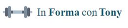Dumbbell icon beside text: "In Forma con Tony" in blue font.