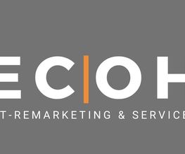 Logo mit Text "ECOH IT-Remarketing & Service", orange eckige Klammern auf grauem Hintergrund.