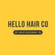 "Yellow background with 'Hello Hair Co, Beauty and Barber' in bold, dark letters."