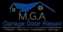 MGA Garage Door Repair logo with a house design and service details underneath.