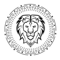 Leeuwenhoofd met manen, omgeven door een cirkel van stippen en lijnen op witte achtergrond.