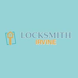 The text "Locksmith Irvine" with a key and house logo on a teal background.