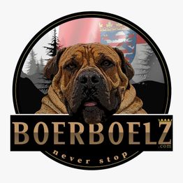 Boerboel-Hund vor Flagge und Bäumen, mit Text "Boerboelz - never stop".