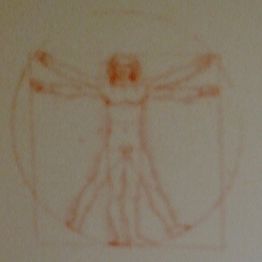 Skizze eines nackten Mannes mit ausgestreckten Armen und Beinen, in Kreis und Quadrat, verschwommen.