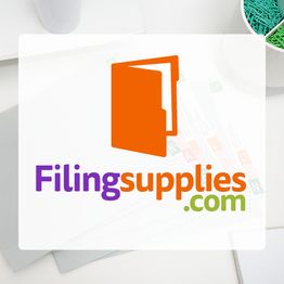Logo of Filingsupplies.com with an orange folder icon on a white desk background.
