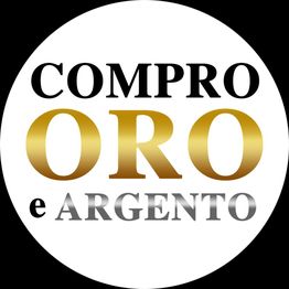 Cerchio bianco con testo: "COMPRO ORO e ARGENTO" in caratteri neri, dorati e argentati.