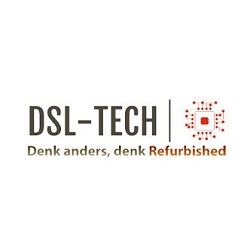 Logo van DSL-TECH met de tekst "Denk anders, denk Refurbished" en een chip-icoon.