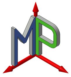 Buchstaben "MP" in 3D, mit roten Achsen und Pfeilen in X-, Y- und Z-Richtungen.