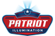 Patriot Illumination logo with star and blue light beams on a red background.