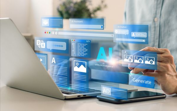 Website Tools die als Grafik vor den Bildschirm eines Laptops projiziert werden.